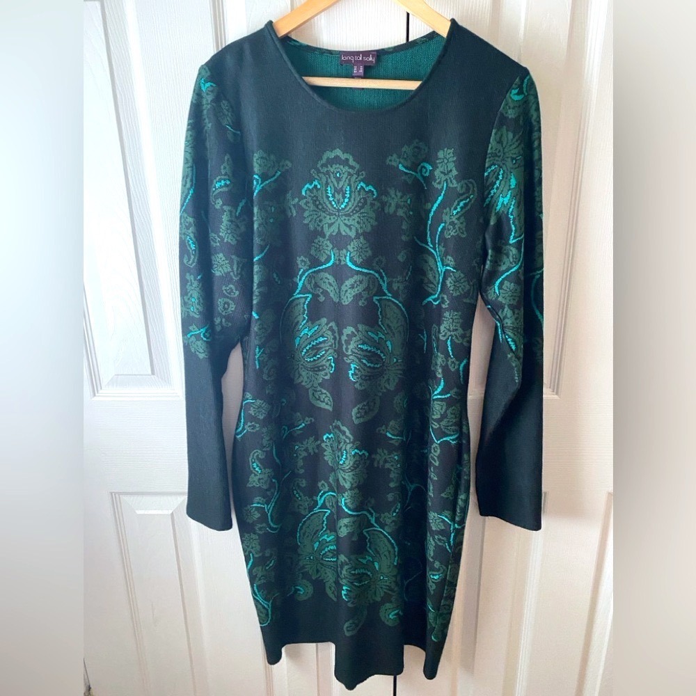 long tall sally Forest Green Filigree Jacquard Knit Long Sleeve Sweater Dress 12